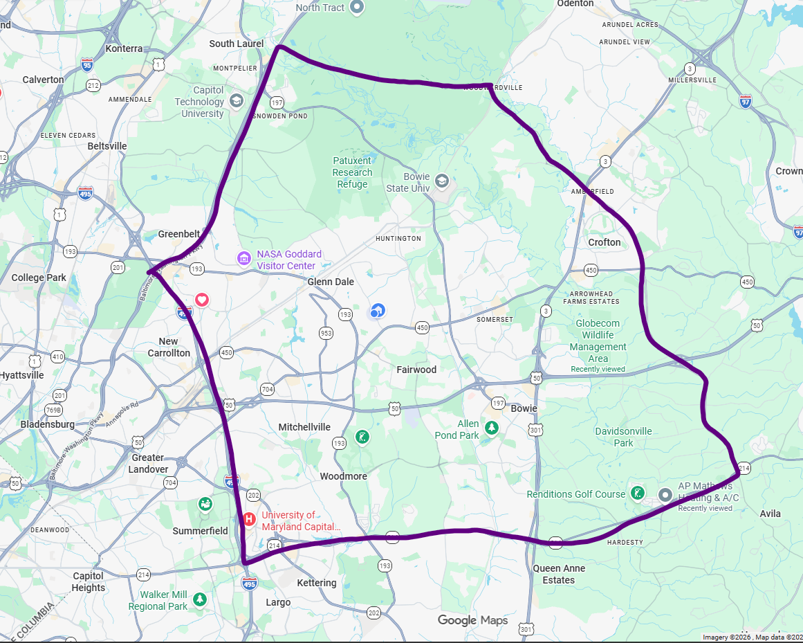 Draft standard service area around Bowie, Maryland, shown with a purple border